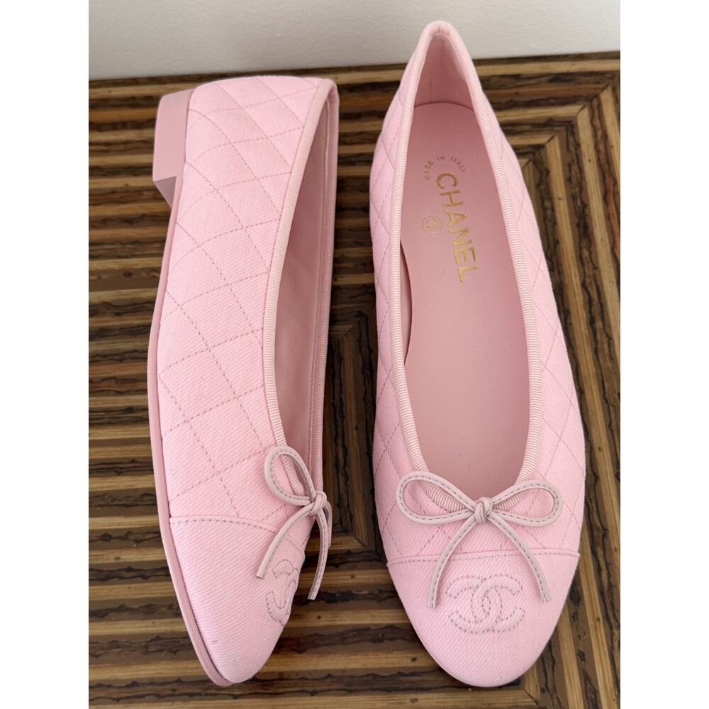 Chanel 26P Light Pink Denim Quilted CC Logo Bow Tie Ballet Ballerina Flat 38 - Picture 10 of 16